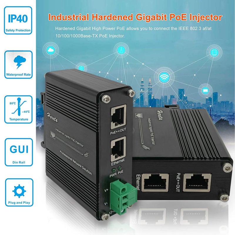 Hereta Hardened Industrial Gigabit PoE++ Injector 12-48VDC Input with DIN-Rail and Wall Mount Connecting The IEEE 802.3 bt PoE Device (95W) - Image 4